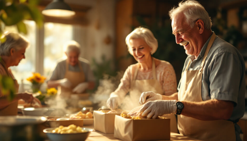 Adults volunteer and pack food